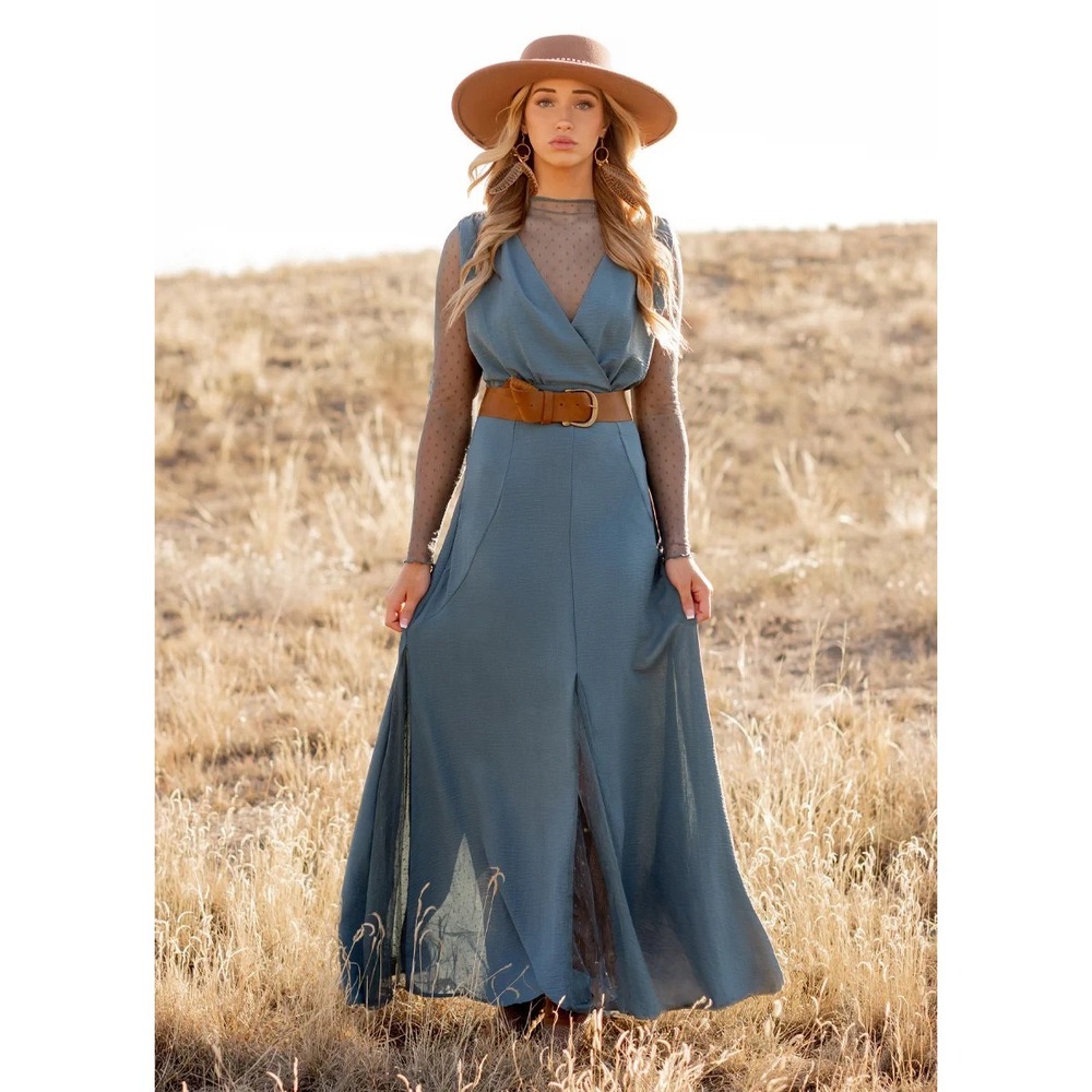 Joyfolie Maxi Dress NWT Sz S Tisannah Lace Long Sleeve Teal Boho Cocktail Formal